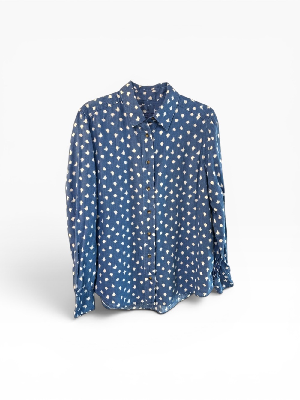 Marks & Spencer M&S Pure Linen Blue Ikat Dot Button Down Shirt Top UK 12 US 8